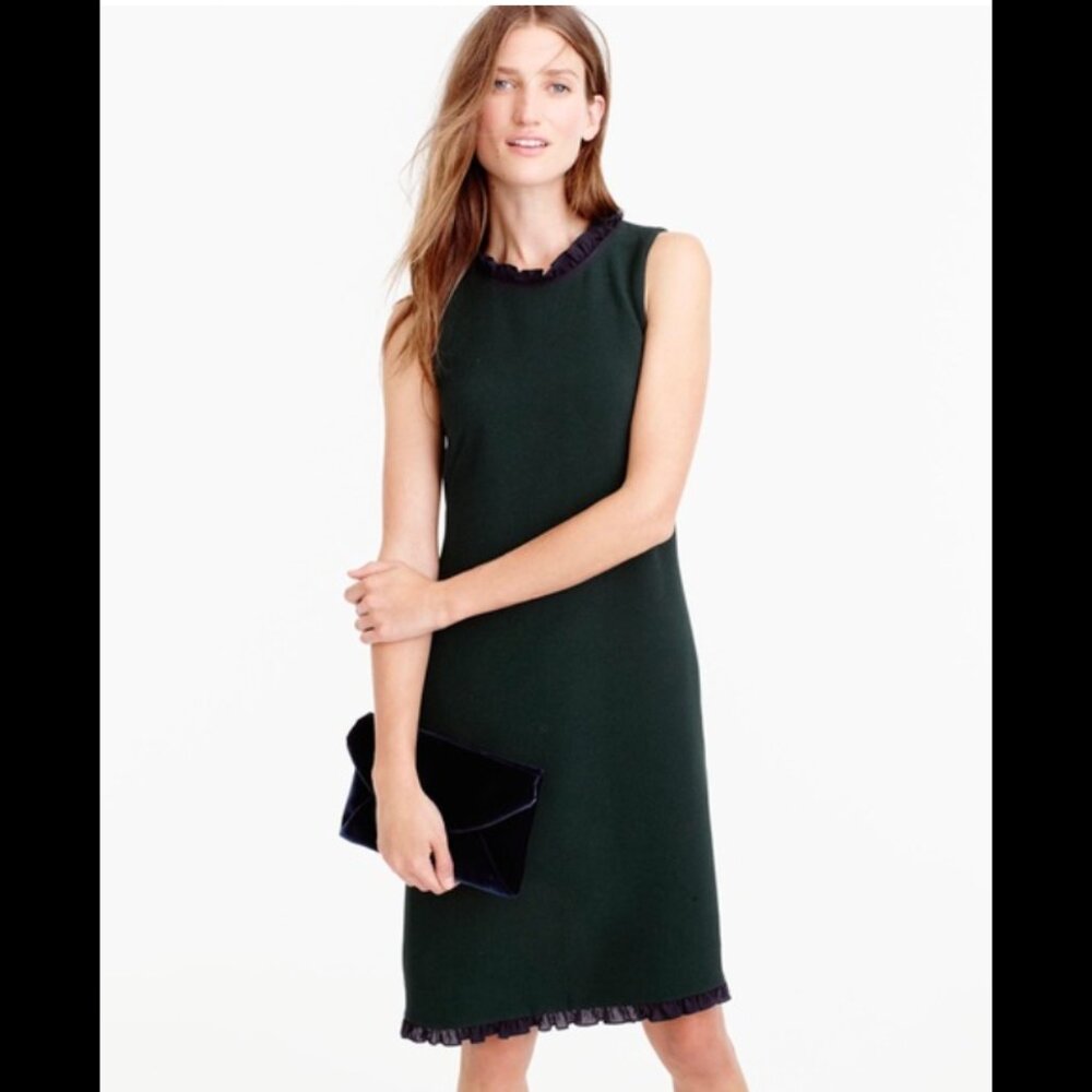 NWT J. Crew Dark Forest Green Shift Dress with Navy Trim (0)